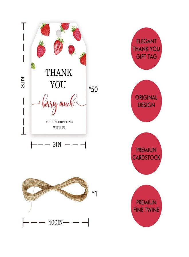 FORSHEEP 50pcs Strawberry Thank You Tags, Berry Sweet Party Favors Gift Tag with String for Wedding, Berry Much Favor Tags for Girl, Sweet Fruit 1st Birthday Party Favors - Image 2